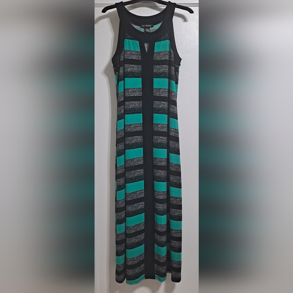 Ellis Mc Carthy Striped Sleeveless Midi Dress Black and Green Keyhole Front EUC